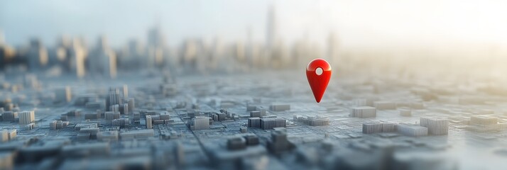A red location pin on the map of an urban city with a blurred background. The red point marker symbolizes navigation and direction in online search,