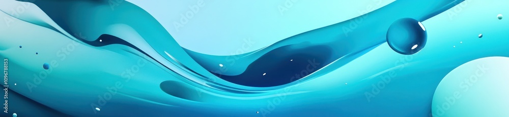 Poster abstract design featuring flowing turquoise waves and bubbles, evoking calmness and fluidity.