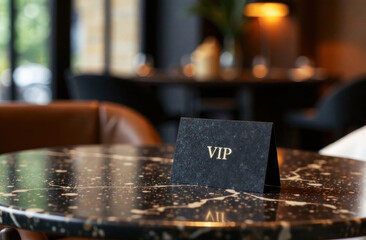 A VIP table is reserved with a simple sign in a sophisticated, dimly lit dining area featuring marble accents
