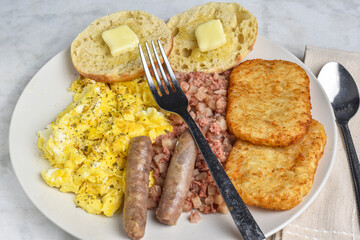 scramble eggs with corn beef hash and  hash browns