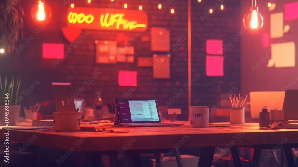 Poster A modern workspace with laptops, plants, and colorful sticky notes, creating a vibrant atmosphere.