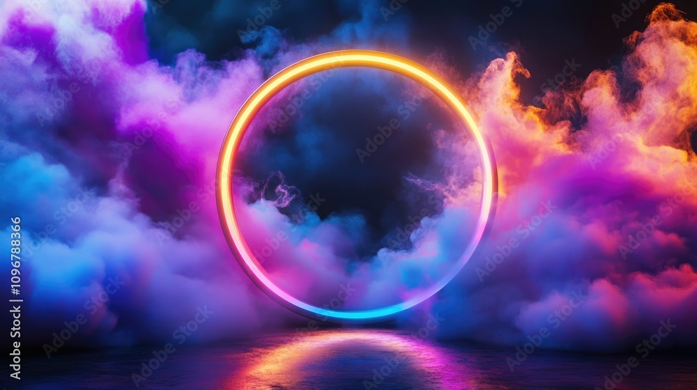 Poster A surreal and glowing circular portal opening into a strange dimension, filled with colorful clouds and abstract shapes that suggest a different reality.