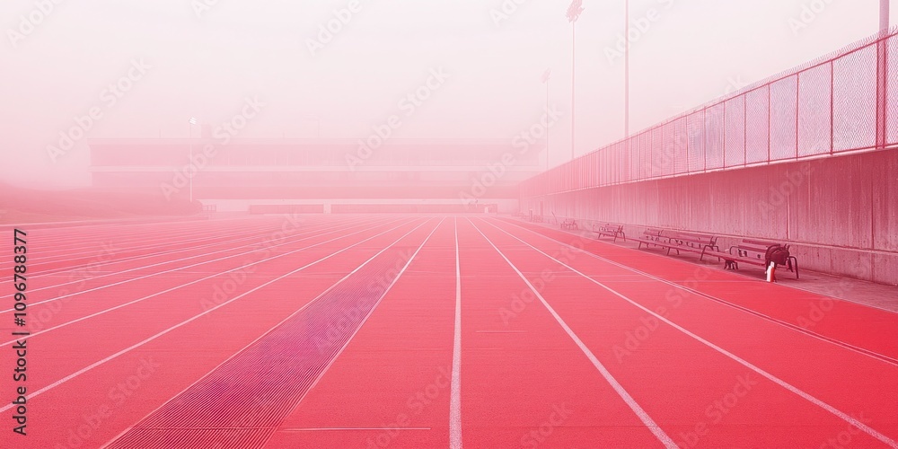 Poster a foggy athletic track with red lanes, creating a surreal and tranquil atmosphere.