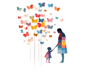 Abstract Silhouette of Father and Child Surrounded by Vibrant Butterflies. Copy space.