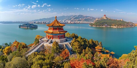 Naklejka premium Scenic View of a Chinese Pagoda Overlooking a Lake