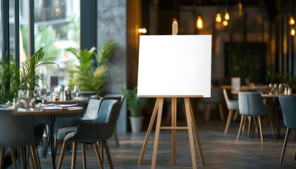 White blank canvas on an easel for wedding table decoration mockup, a square shape with a wooden frame, 