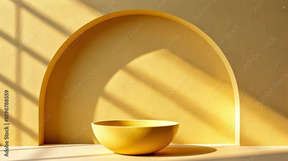 Poster the soft glow of sunlight highlights a yellow bowl placed on a white surface, complemented by a smoo