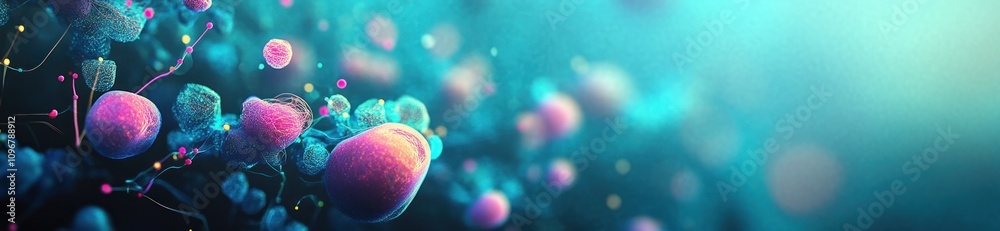 Leinwandbilder abstract representation of cellular structures with vibrant colors and glowing elements.