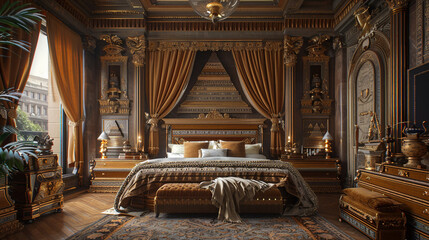 A luxurious master bedroom with a carved wooden headboard showcasing intricate Egyptian patterns, golden drapes, and bedside tables adorned with miniature pyramid sculptures.