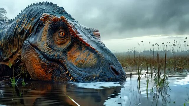 Ancient creature: video showcasing dinosaur, capturing essence of prehistoric life, majestic movements, fascinating world of extinct species in vivid, dynamic detail.