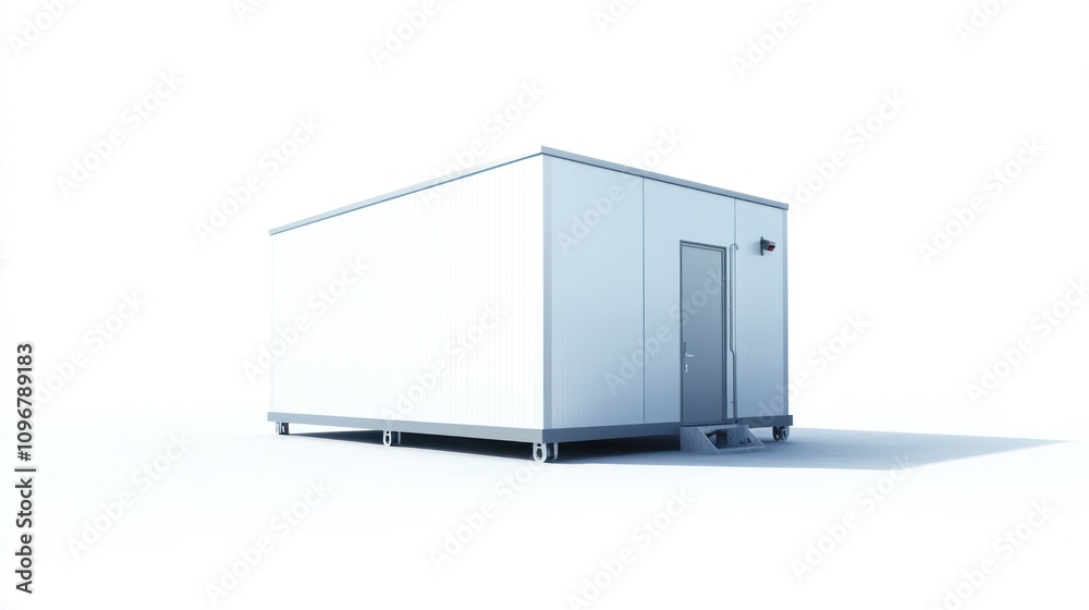 Poster a modern, minimalist portable building with a single door and simple design.