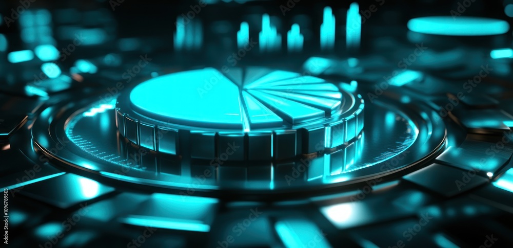 Aufkleber A futuristic, glowing interface element with a circular design and segmented sections.