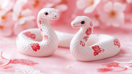 Fototapeta premium 春を彩る白蛇の置物と桜