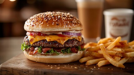 Juicy cheeseburger with bacon, lettuce, tomato, onion, and fries.