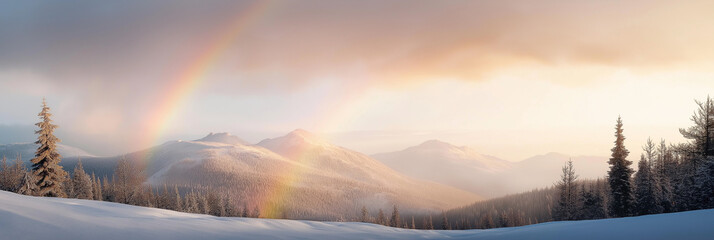 A breathtaking view of a snow-covered mountain range with a vibrant double rainbow arching across the sky, creating a magical and ethereal spectacle of nature.