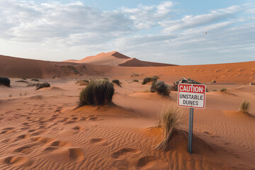 Travel restrictions guidelines concept. A desert landscape featuring sand dunes and a caution sign warning of potential hazards in the area.