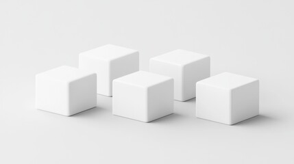 Five white cubes arranged on a light gray surface.
