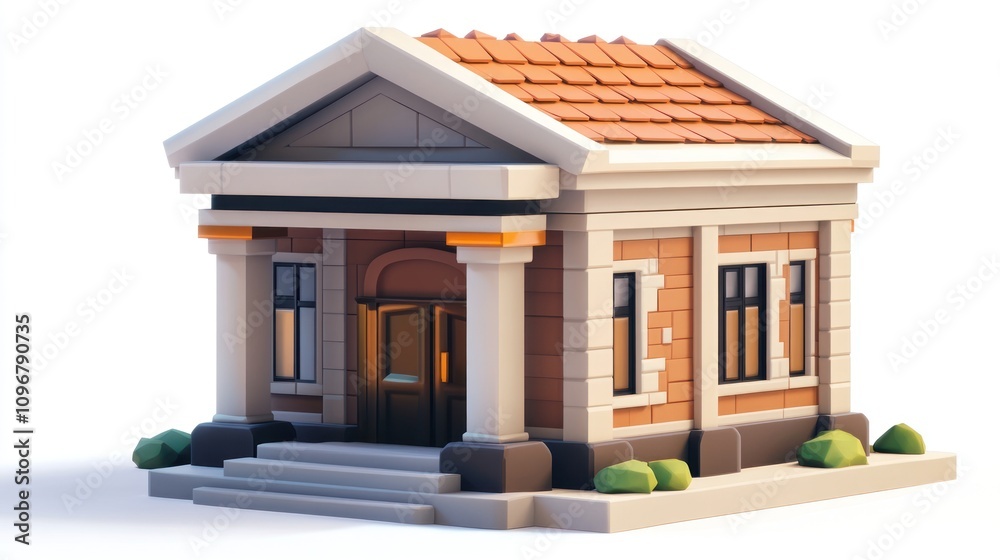 Poster A stylized building with a sloped roof and columns, resembling a small public structure.