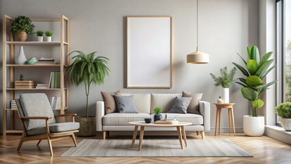 A Modern Living Room with a White Sofa, a Wooden Coffee Table, a Large Window, and a Tall Plant in a White Pot