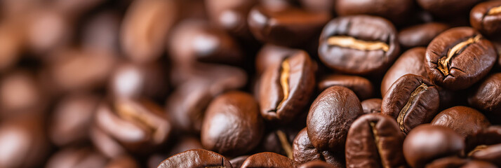 Fototapeta premium A close-up image revealing the rich, textured surface of roasted coffee beans, highlighting their robust aroma and the inviting allure of fresh coffee.