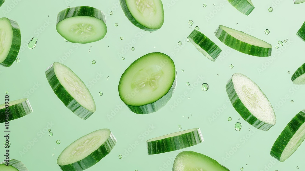 Poster fresh cucumber slices floating against a light green background, evoking freshness and health.