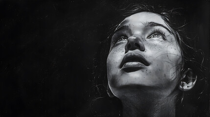A finely detailed charcoal sketch of a girl gazing upward, capturing deep emotion, soft shading, and artistic expression in a classic monochrome drawing.  
