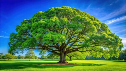 A Majestic Tree Standing Tall in a Lush Green Meadow Under a Clear Blue Sky