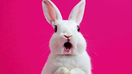 Obraz premium Surprised White Rabbit on Pink Background