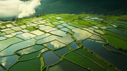 Stunning rice paddy fields with vibrant green crops, the water mirroring the sky, creating a peaceful and serene rural environment.