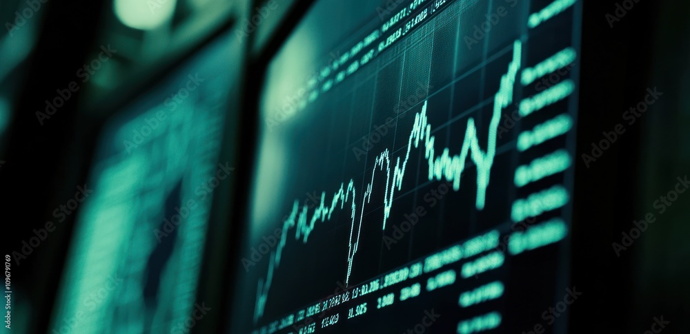 Poster A close-up of a stock market graph showing an upward trend in financial data.