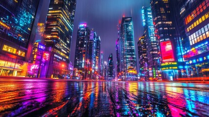 Vibrant city street at night, reflecting colorful lights in wet pavement.