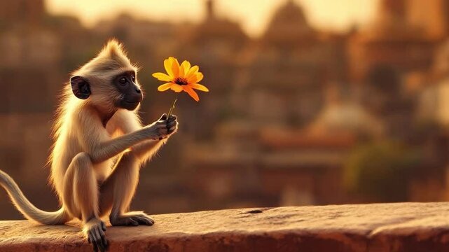 A monkey holding a yellow flower against a sunset backdrop in an ancient city