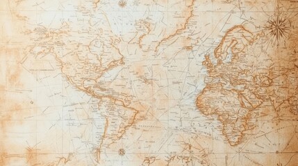 Fototapeta premium A vintage-style world map showcasing intricate details of continents and oceans, perfect for travel enthusiasts and history lovers.