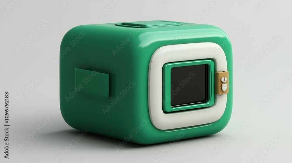 Poster a small, green, cube-shaped device with a screen and a card slot, likely a tech gadget.