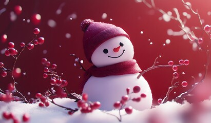 Obraz premium A cute snowman with a red hat and scarf, surrounded by white snow and hawthorn berries on a red background. The snow is falling gently around the scene. 