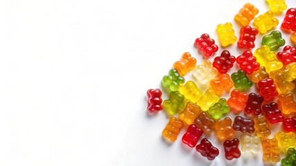Colorful gummy bears scattered on white background with copy space