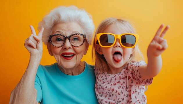 Joyful Grandmother and Granddaughter Posing with Sunglasses Against a Bright Background