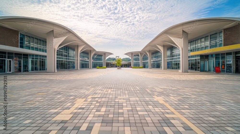 Poster modern architectural structure with a spacious plaza and curved roofs under a cloudy sky.