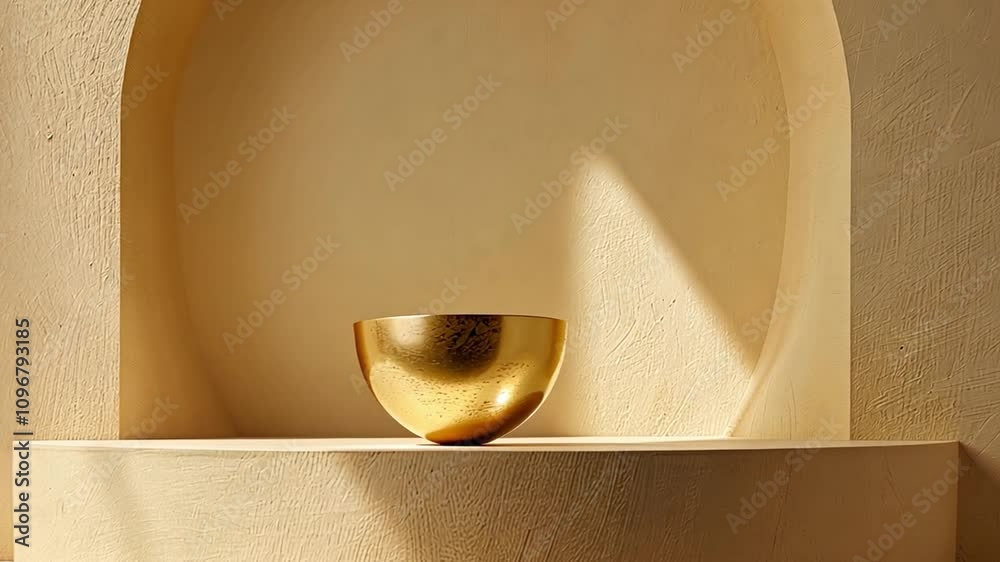 Fototapete A golden bowl is positioned on a smooth shelf within a softly lit space featuring warm beige walls and minimalistic design elements, creating an inviting and serene atmosphere.