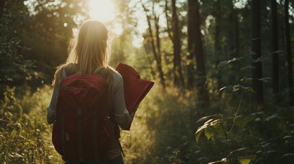 Woman hiker with backpack walking through sunlit forest path.