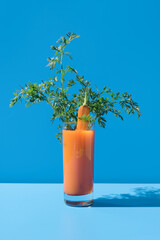 Jugo de zanahoria adornado con hojas verdes en un vaso transparente sobre fondo azul	
