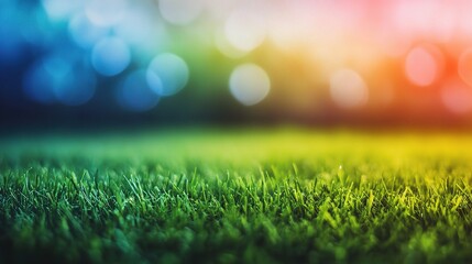 Obraz premium Vibrant Green Grass Under Colorful Lights in a Soccer Stadium Creating a Stunning Atmosphere for a Night Game Experience