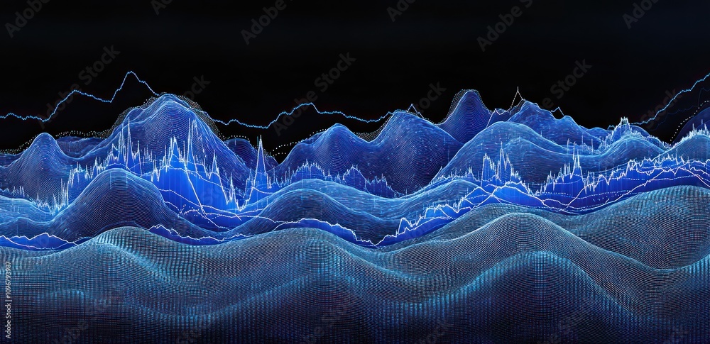 Poster Abstract visualization of data trends represented by flowing blue waves and peaks.