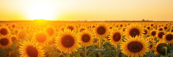 Obraz premium Warm sunlight casting long shadows across the vibrant yellow petals of sunflowers in a vast open field at sunset, sunset landscape, field of flowers, rural scenery