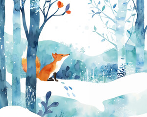 Cute Fox in Woods, picturesque winter scene, wildlife preservation, festive print, nature-inspired theme, soothing atmosphere, New Year and Christmas theme