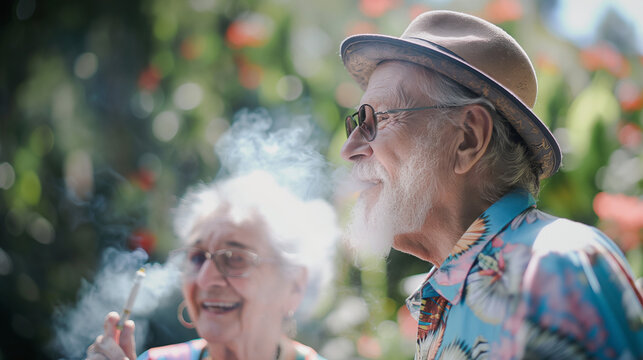 Senior couple laughing while smoking marijuana outdoors.