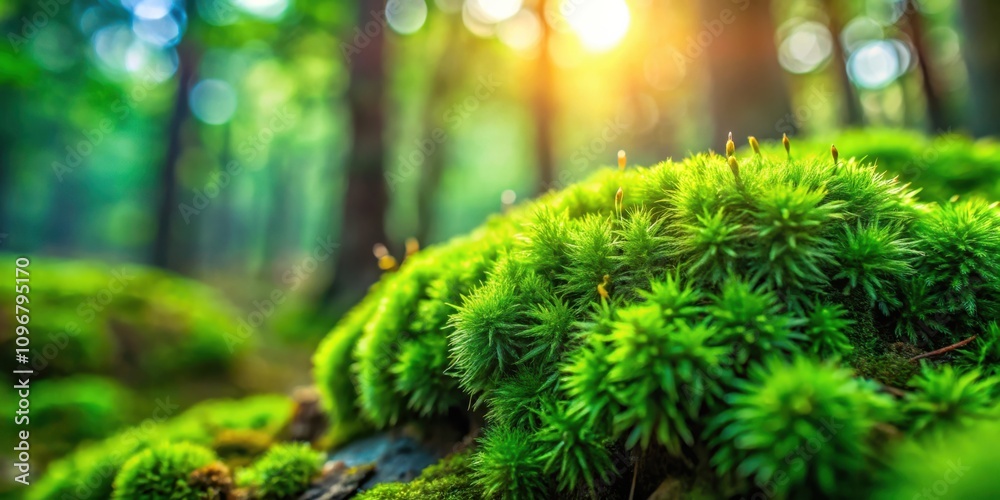 Poster Sunlight filtering through a forest canopy illuminates a patch of vibrant green moss, creating a serene and tranquil scene.