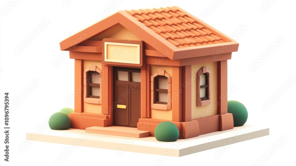 Poster a stylized, small building with a tiled roof and windows, set on a simple base.