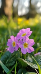 close-up shot of primrose with green environment