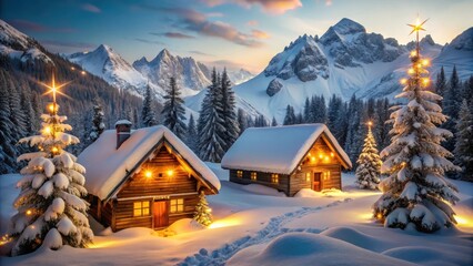 Fototapeta premium Winter Wonderland Two Cozy Cabins Nestled Amongst Snowy Mountains and Frosted Evergreen Trees, Illuminated by Warm Golden Lights